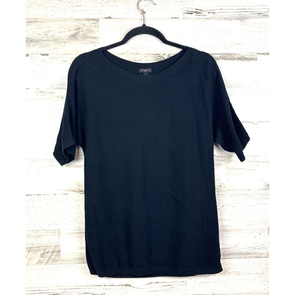 Talbots Petite Women M Black Ribbed Knit Short Sleeve Soft Casual Sweater Top